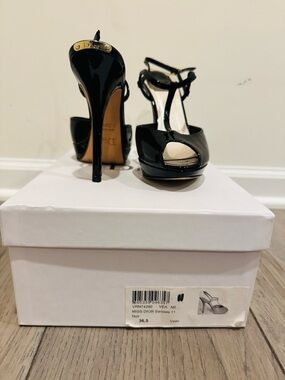 Dior Black Patent T-Strap Platform Sandals with Gold Accent